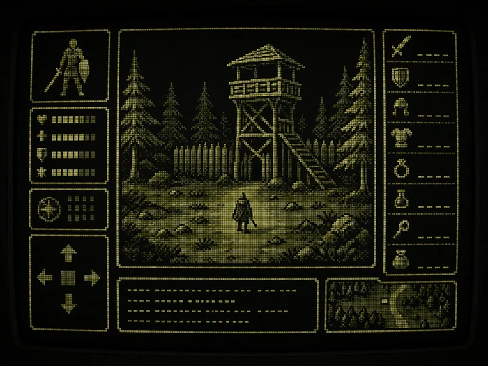 Illustrative fictional monochrome RPG screen