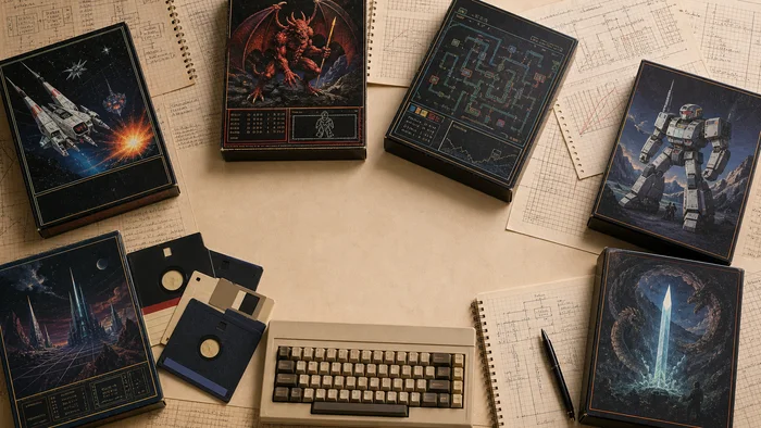 Illustrative still life of fictional computer game packaging